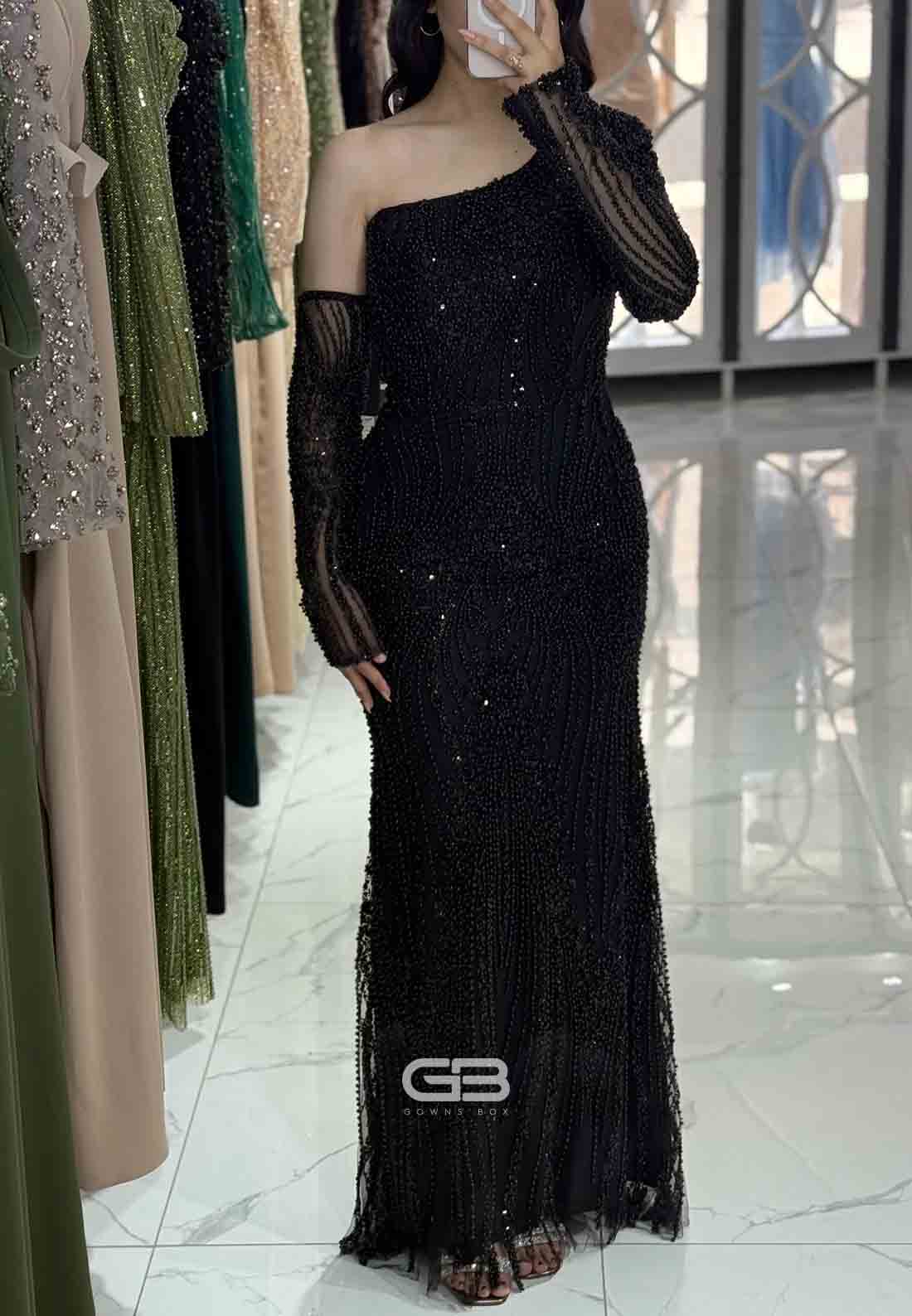 One Shoulder Trumpet Formal Gowns Floor-Length Evening Gowns with Beading