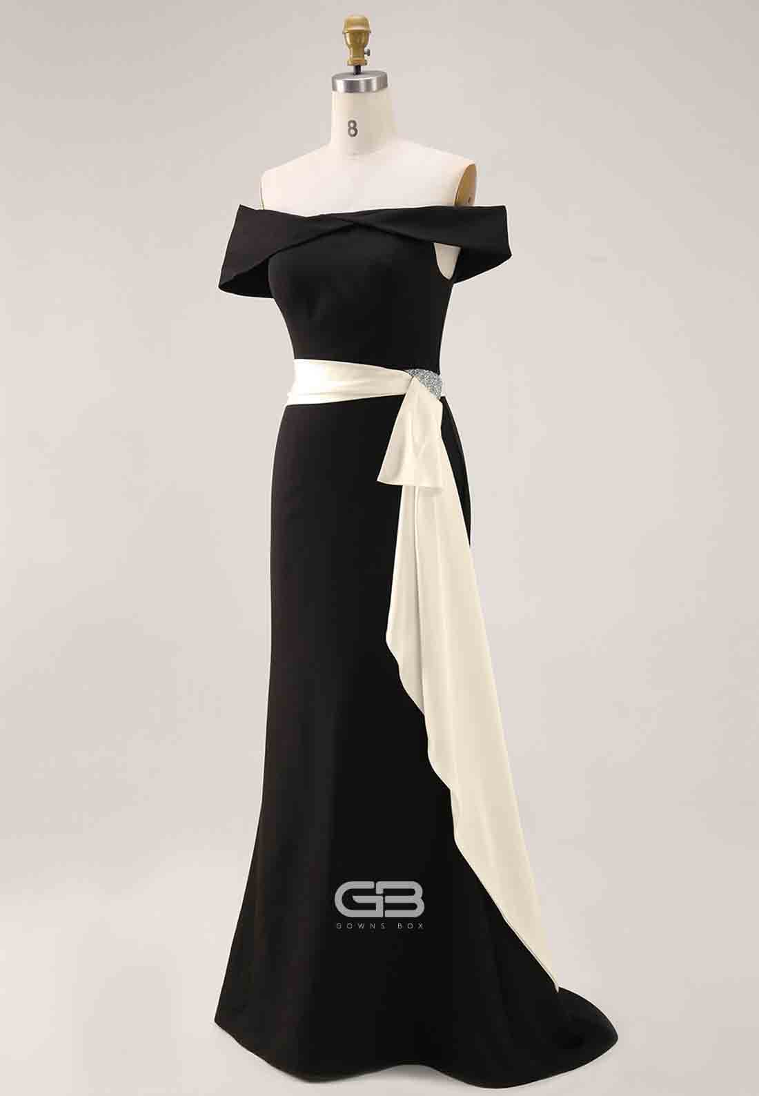 Elegant Evening Satin Dress Off-Shoulder Mermaid White Sash Rhinestone Dress 