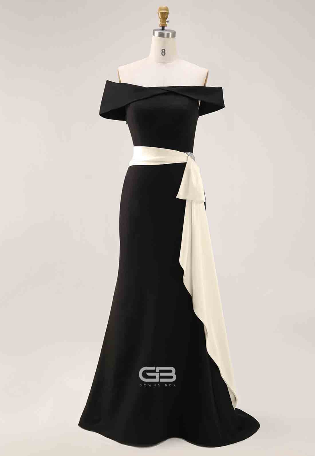 Elegant Evening Satin Dress Off-Shoulder Mermaid White Sash Rhinestone Dress 