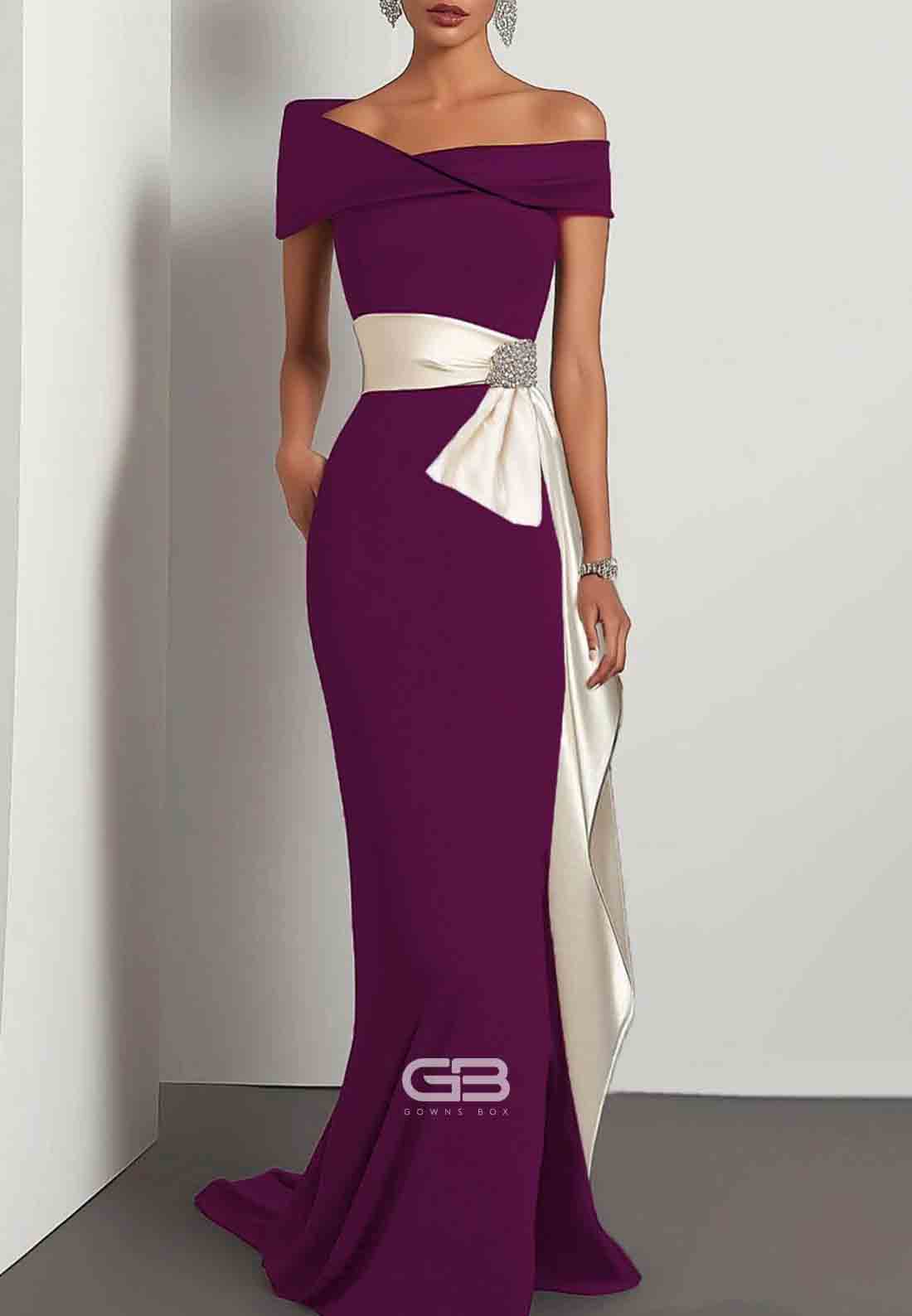 Elegant Evening Satin Dress Off-Shoulder Mermaid White Sash Rhinestone Dress 