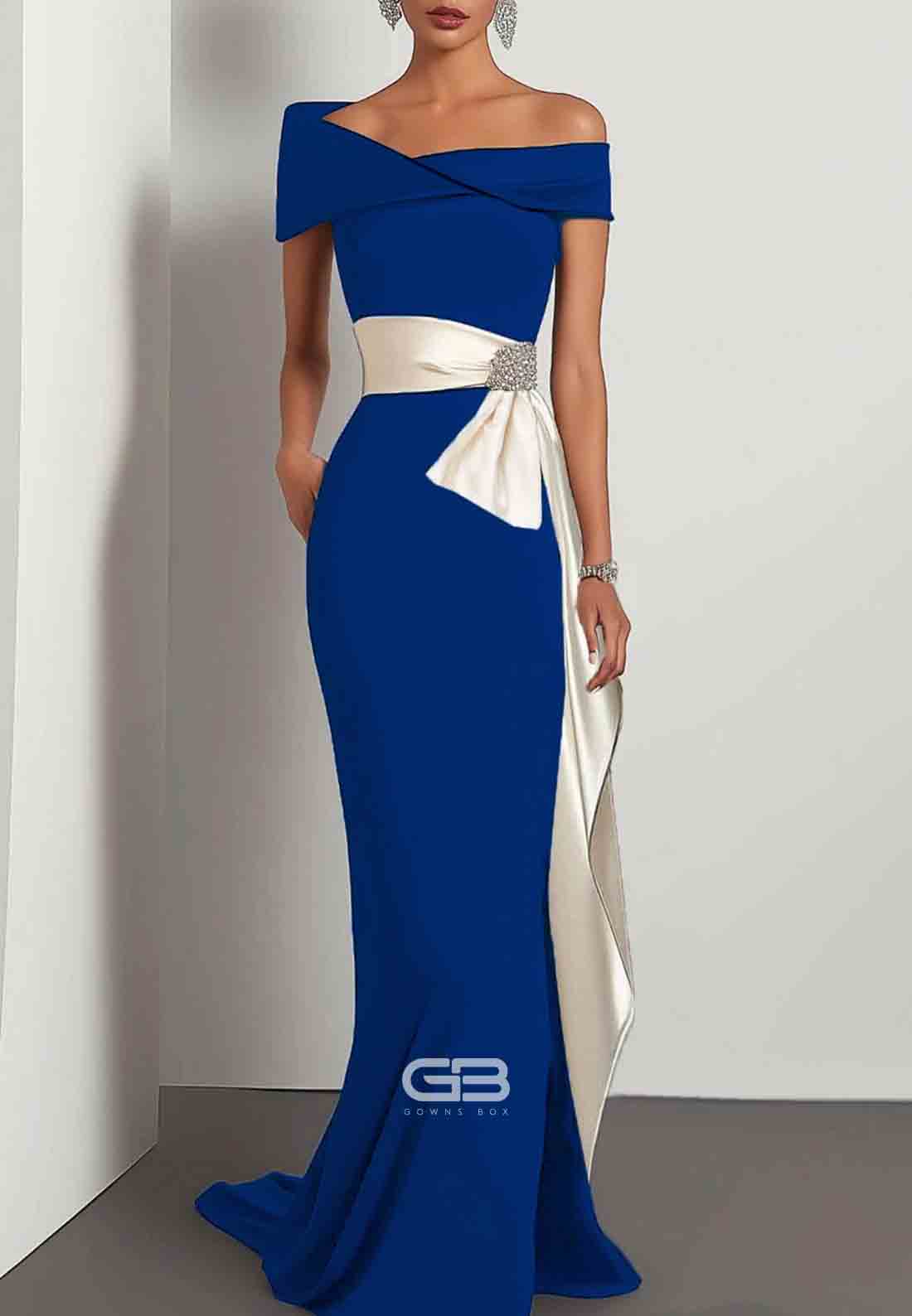 Elegant Evening Satin Dress Off-Shoulder Mermaid White Sash Rhinestone Dress 