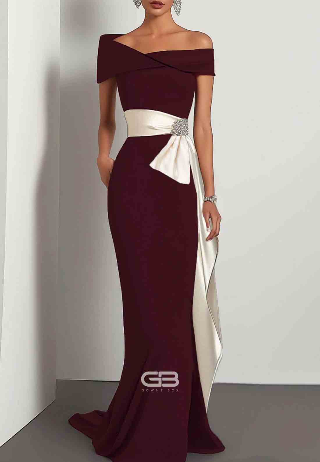 Elegant Evening Satin Dress Off-Shoulder Mermaid White Sash Rhinestone Dress 