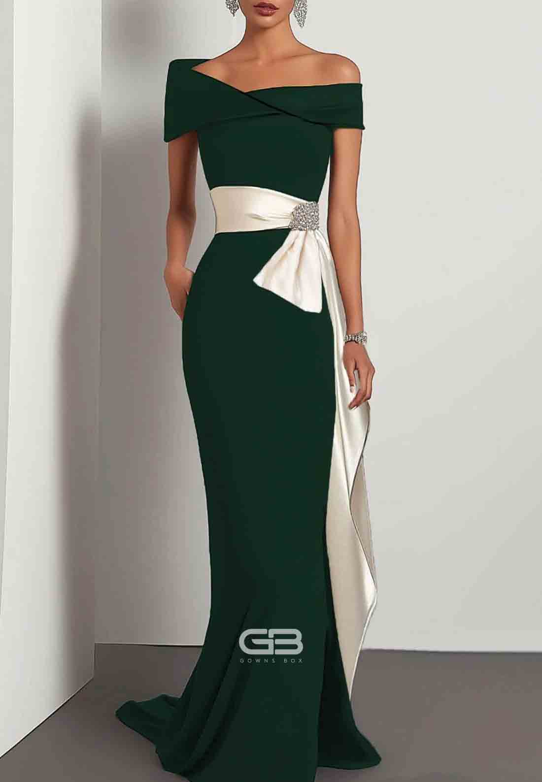 Elegant Evening Satin Dress Off-Shoulder Mermaid White Sash Rhinestone Dress 