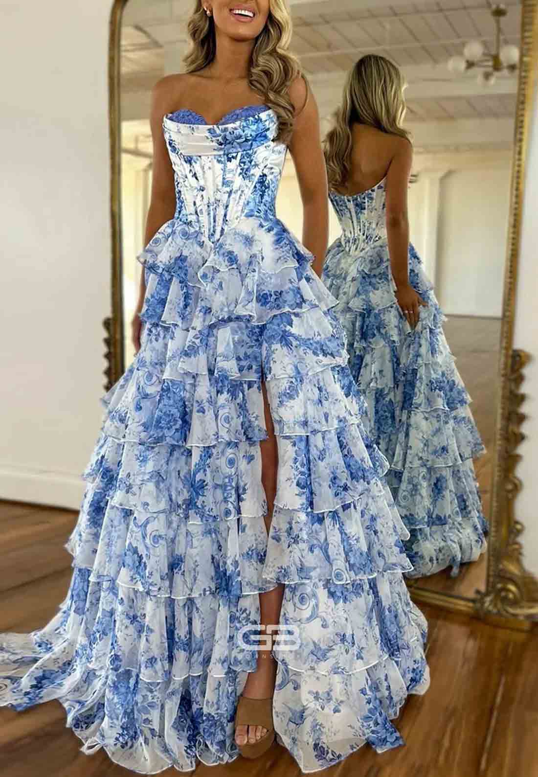 Elegant Floral Print A-Line Sweetheart Long Tiered Tulle Prom Dress with Side Slit