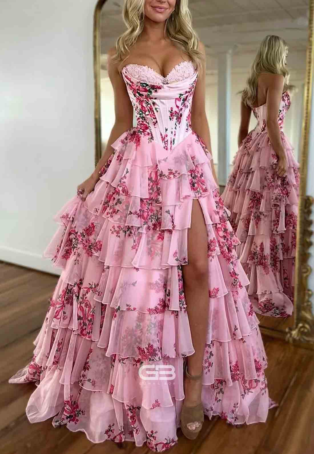 Elegant Floral Print A-Line Sweetheart Long Tiered Tulle Prom Dress with Side Slit