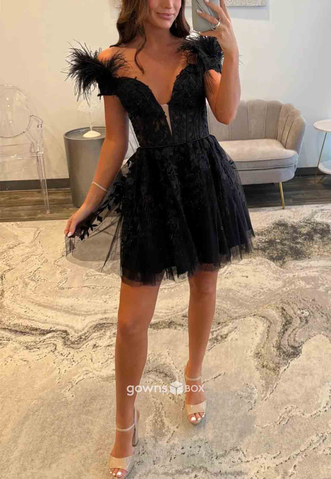 Low V-Neck A Line Off the Shoulder Black Short Homecoming Dress with Feather-GownsBox