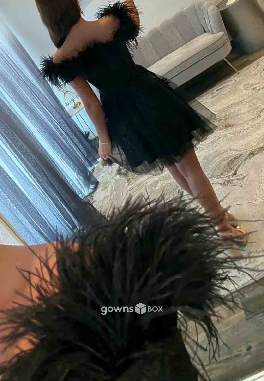 Low V-Neck A Line Off the Shoulder Black Short Homecoming Dress with Feather-GownsBox