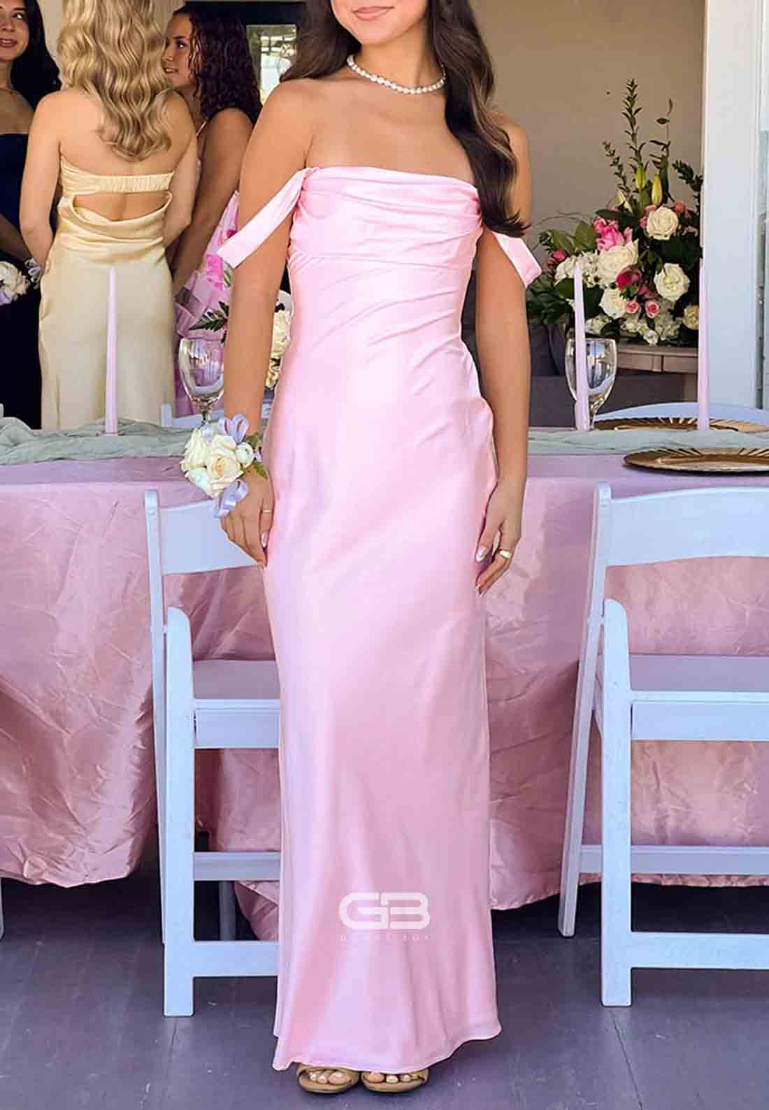 Ella Light Pink Off Shoulder Formal Maxi Dress 