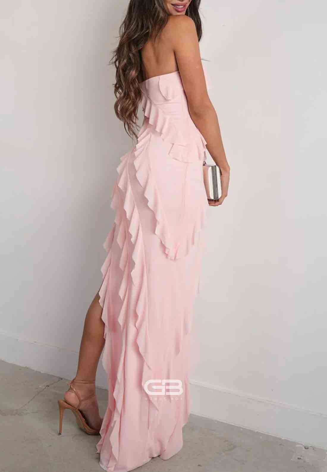 Fashion Sheath Strapless Pink Side Slit Sheath Long Prom Dress with Ruffles  