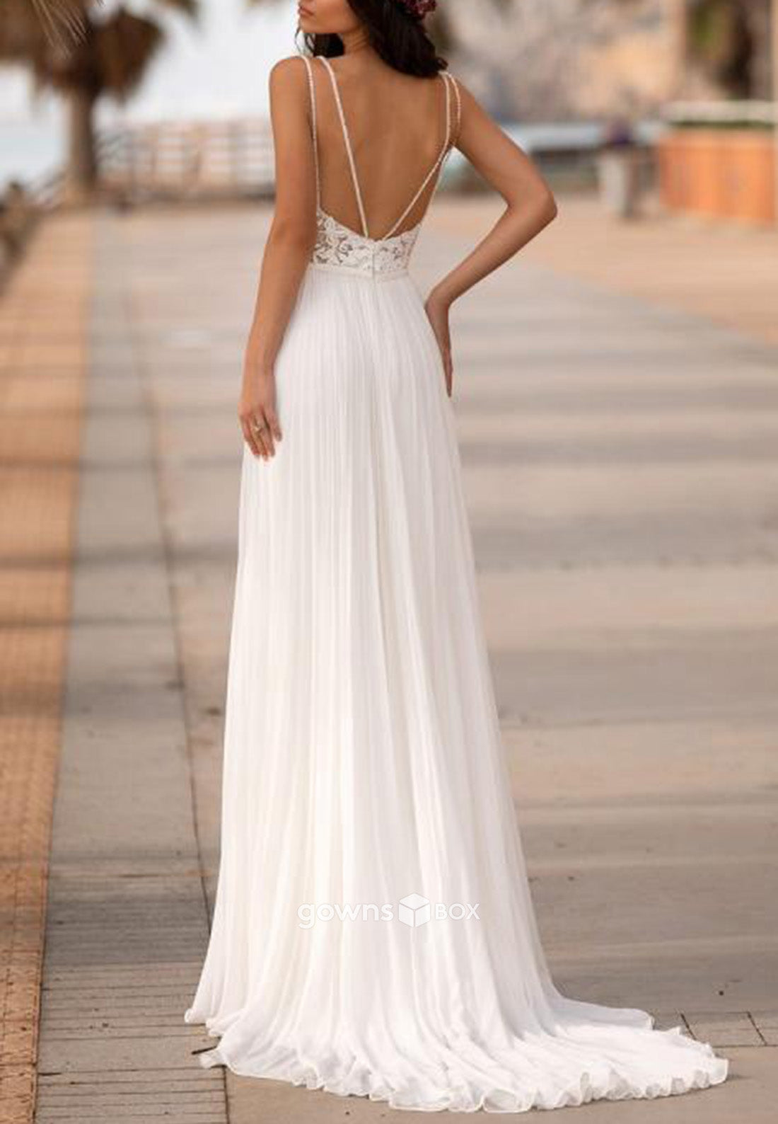 Side Slit Floor-Length Sleeveless Lace Sweetheart Ladder Back Wedding Dresses-GownsBox