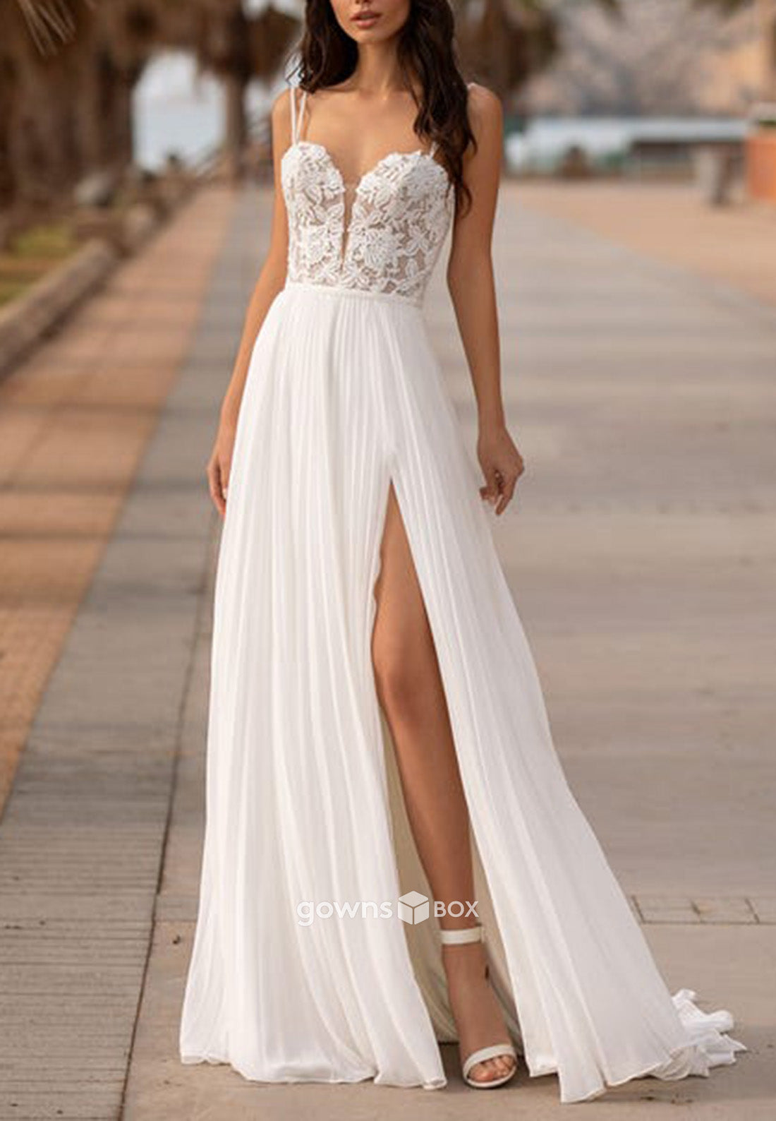 Side Slit Floor-Length Sleeveless Lace Sweetheart Ladder Back Wedding Dresses-GownsBox