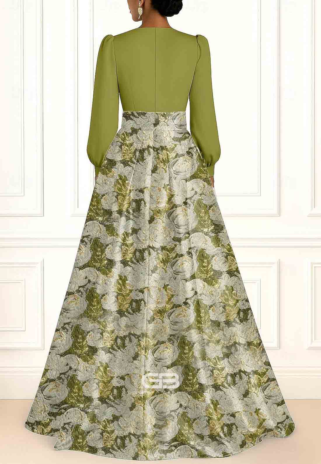 Floral Jacquard Brocade A-Line V-Neck Long Sleeves Satin Evening Gowns with Ruched Slit