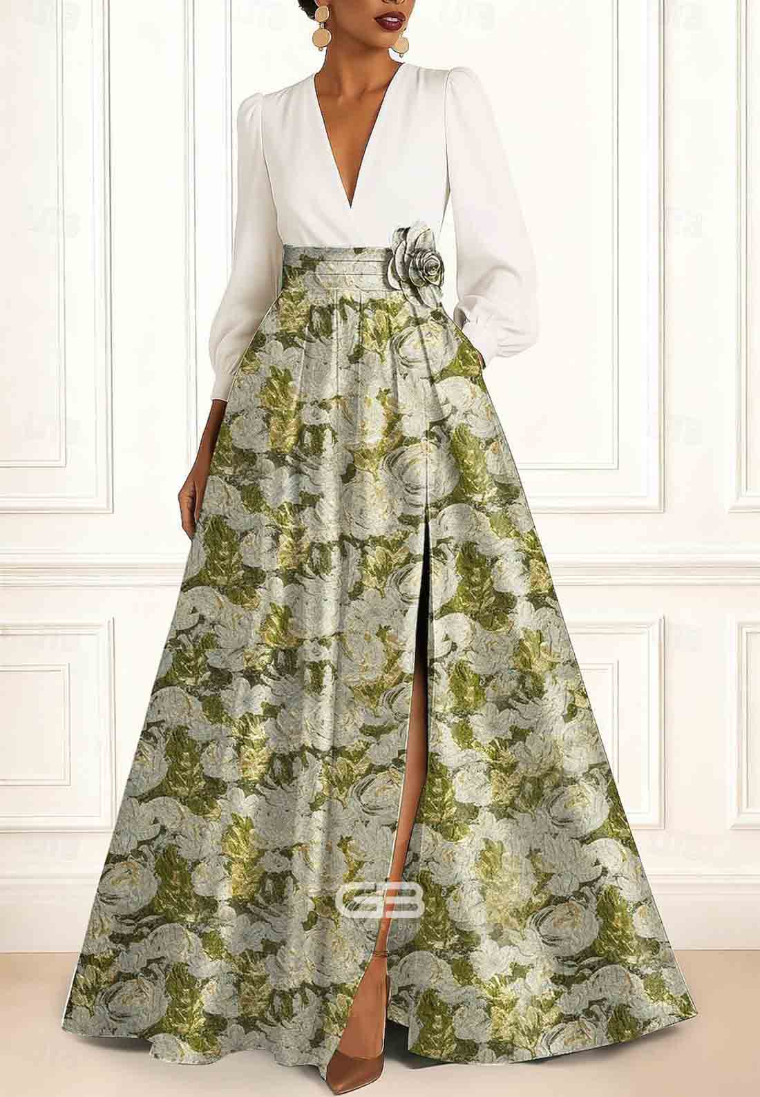 Floral Jacquard Brocade A-Line V-Neck Long Sleeves Satin Evening Gowns with Ruched Slit