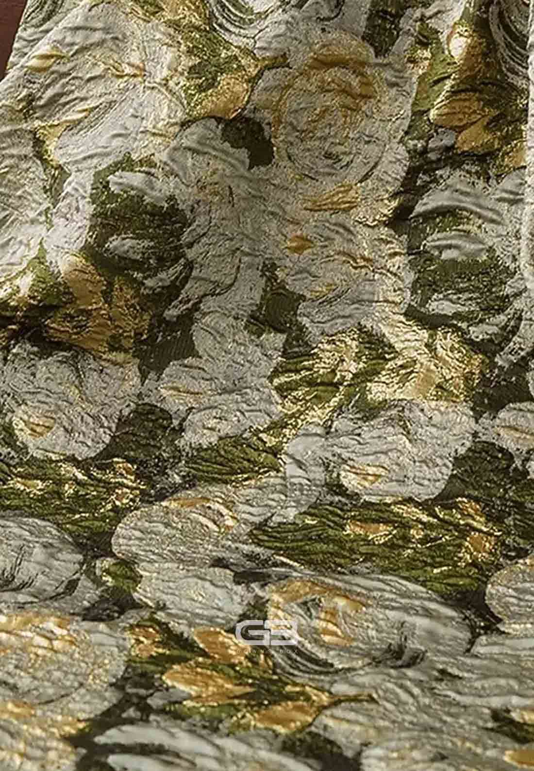 Floral Jacquard Brocade A-Line V-Neck Long Sleeves Satin Evening Gowns with Ruched Slit