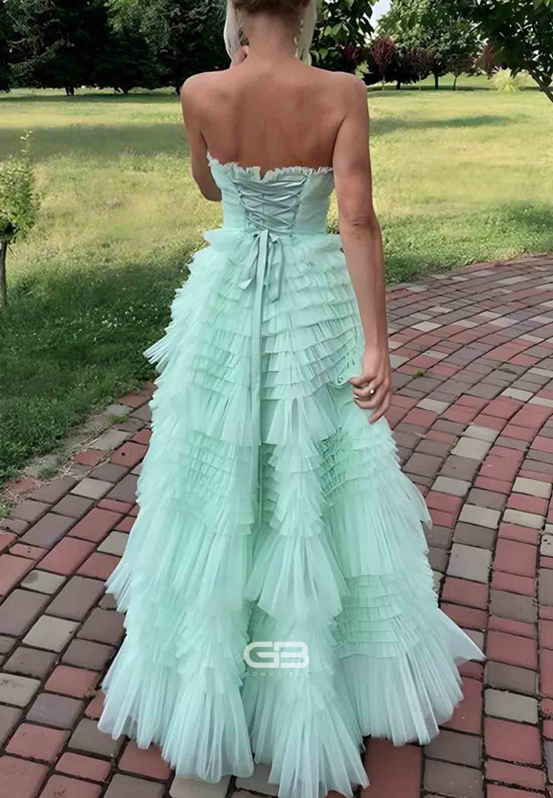 Mint Green Strapless Tie Back Tulle Tiered Ruffles A-Line Prom Dresses