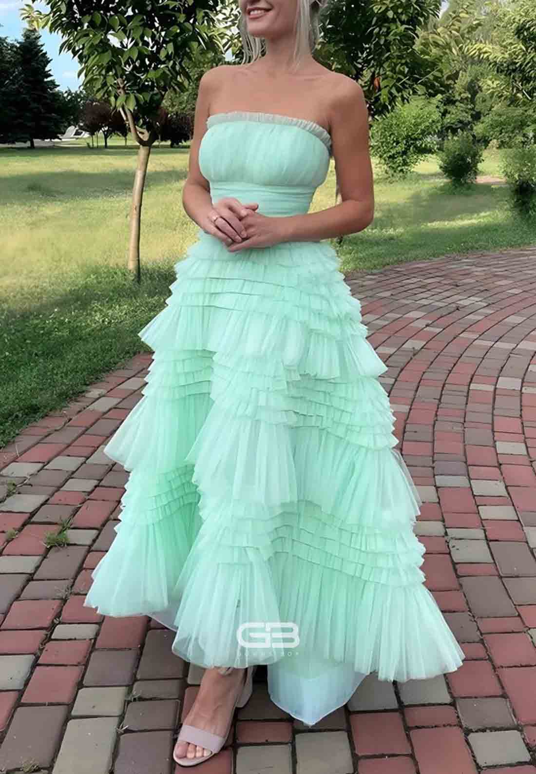 Mint Green Strapless Tie Back Tulle Tiered Ruffles A-Line Prom Dresses