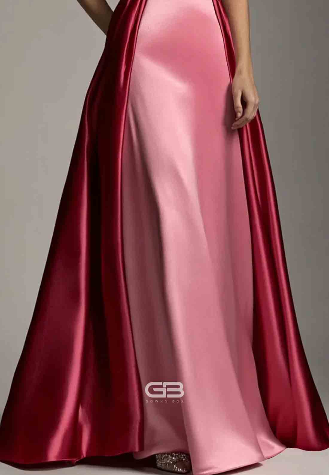Formal Satin Evening Dress Rose Pink Colorblock Strapless A-Line Floor-Length Dress 