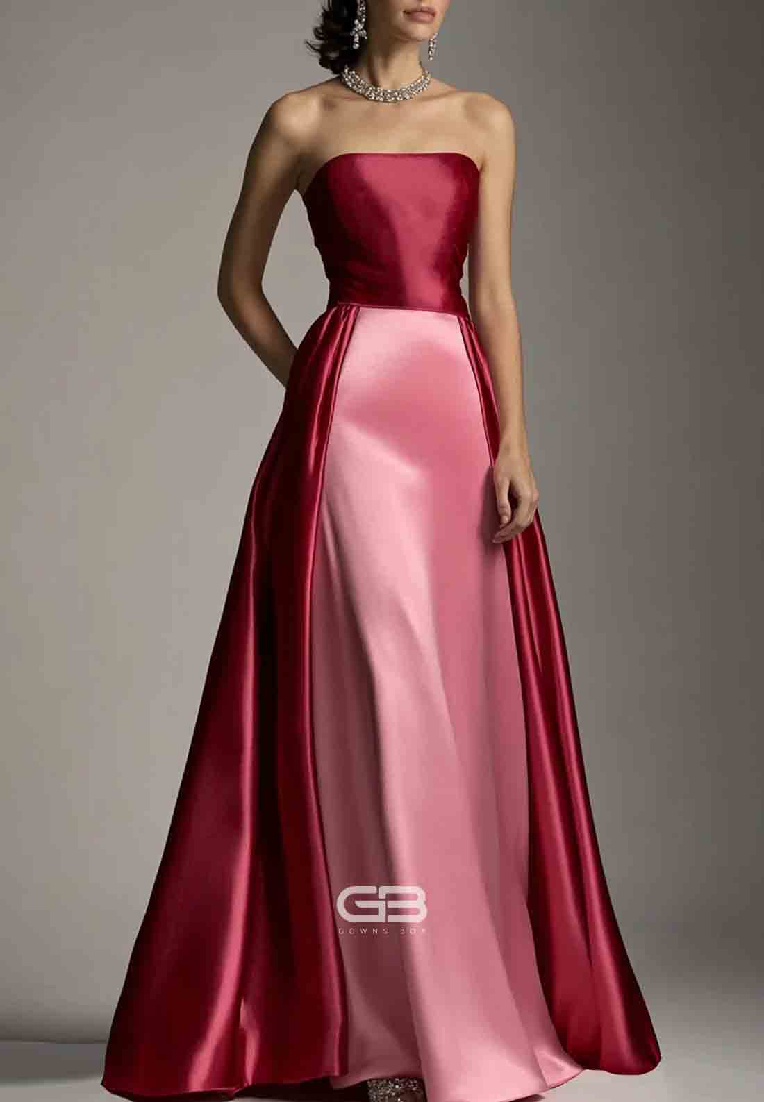 Formal Satin Evening Dress Rose Pink Colorblock Strapless A-Line Floor-Length Dress 