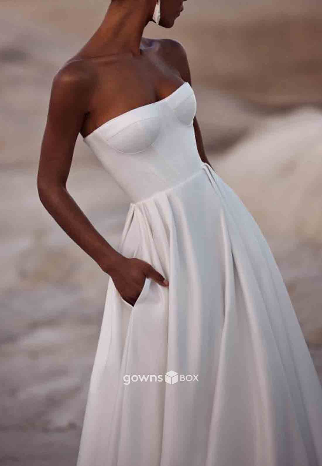 Strapless Crisscross Sleeveless Back Court Train Pleated Empire Beach Bridal Gowns-GownsBox