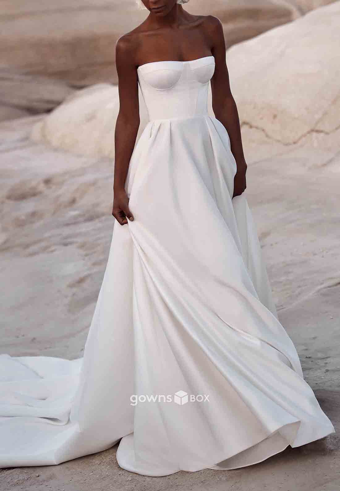 Strapless Crisscross Sleeveless Back Court Train Pleated Empire Beach Bridal Gowns-GownsBox