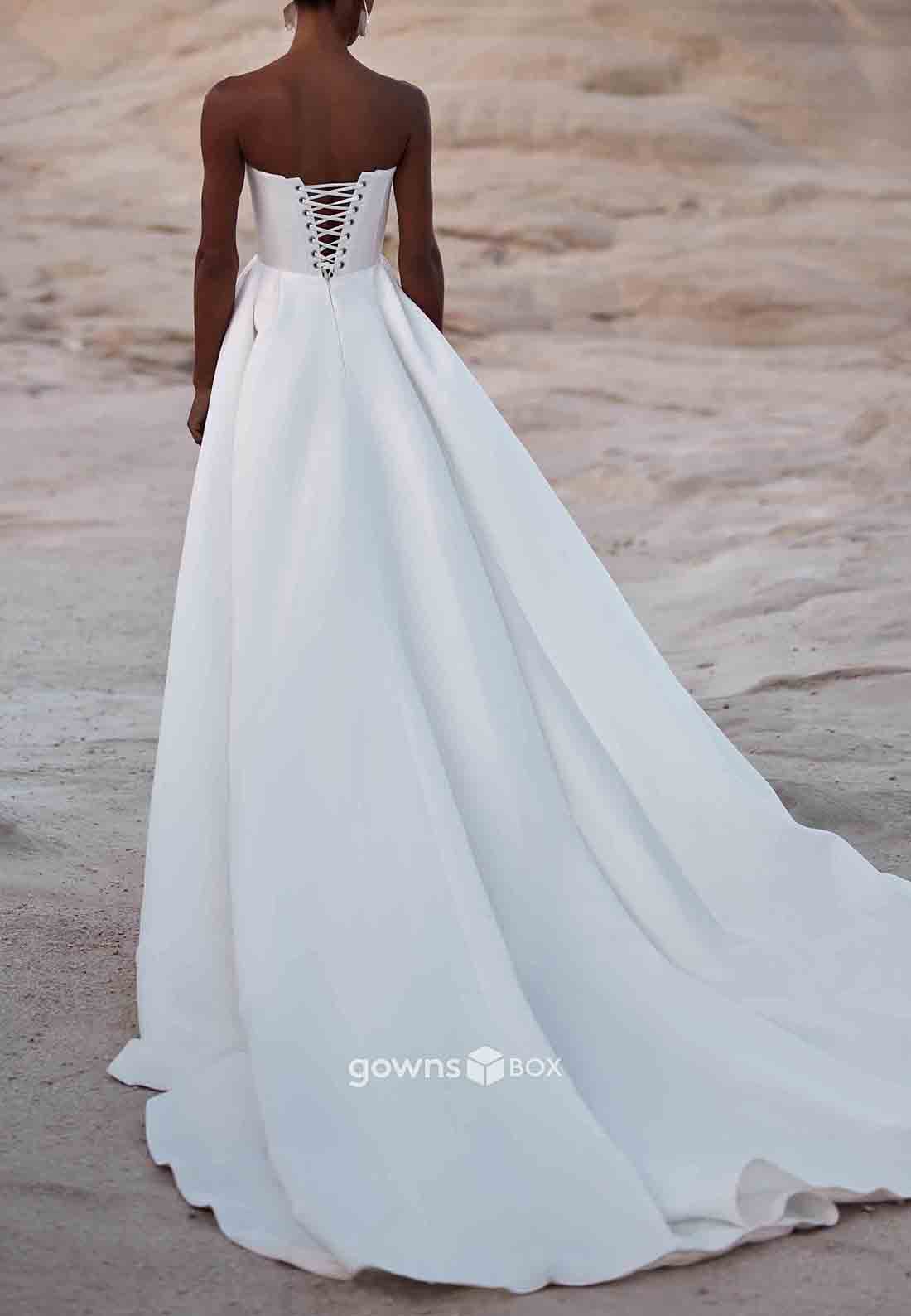 Strapless Crisscross Sleeveless Back Court Train Pleated Empire Beach Bridal Gowns-GownsBox