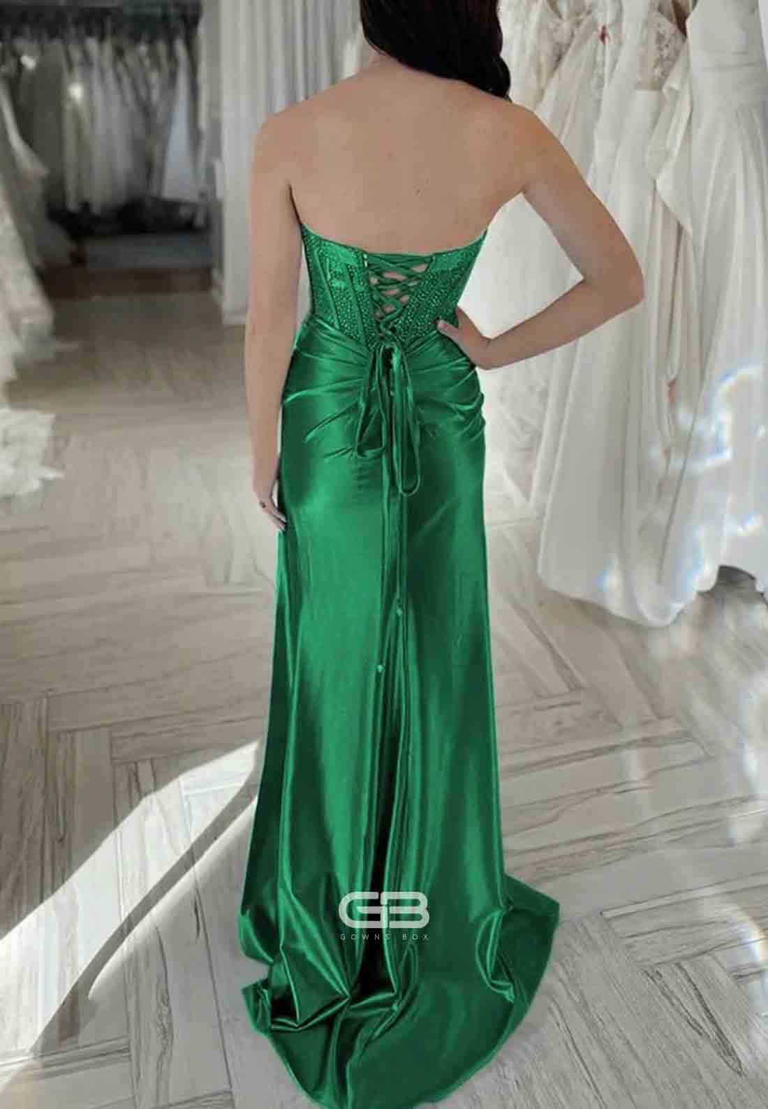 Strapless Satin Beaded Sweetheart Mermaid Long Prom Dresses with High Slit
