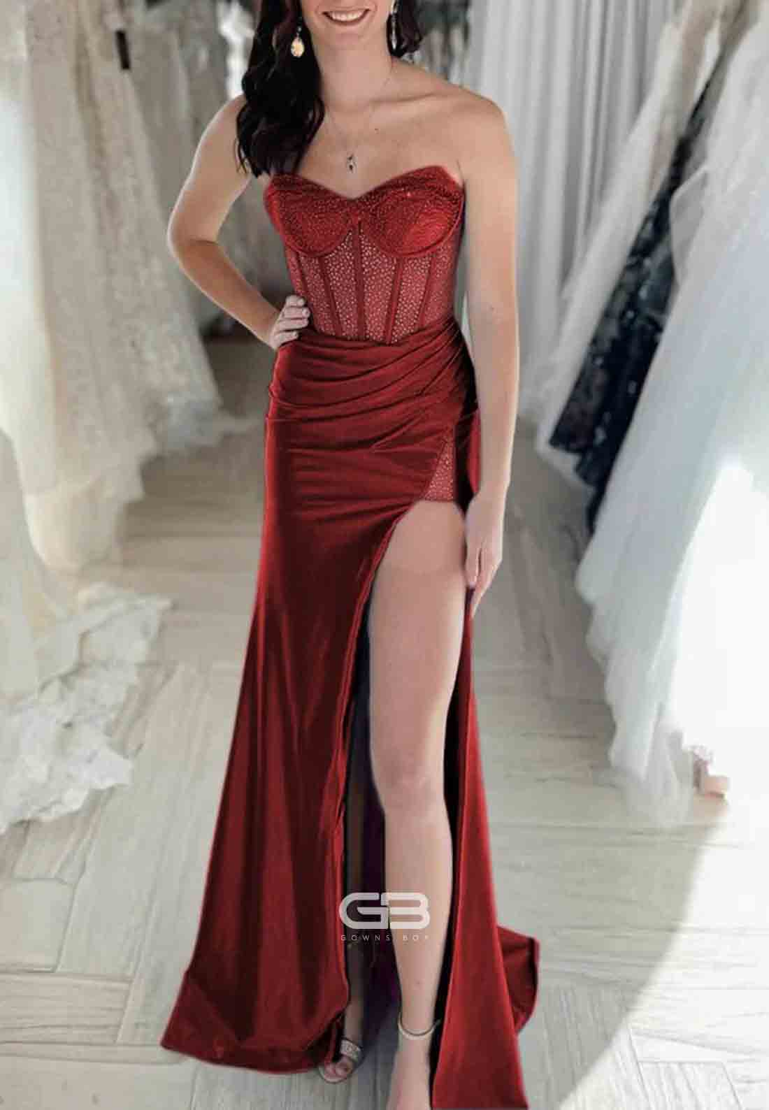 Strapless Satin Beaded Sweetheart Mermaid Long Prom Dresses with High Slit