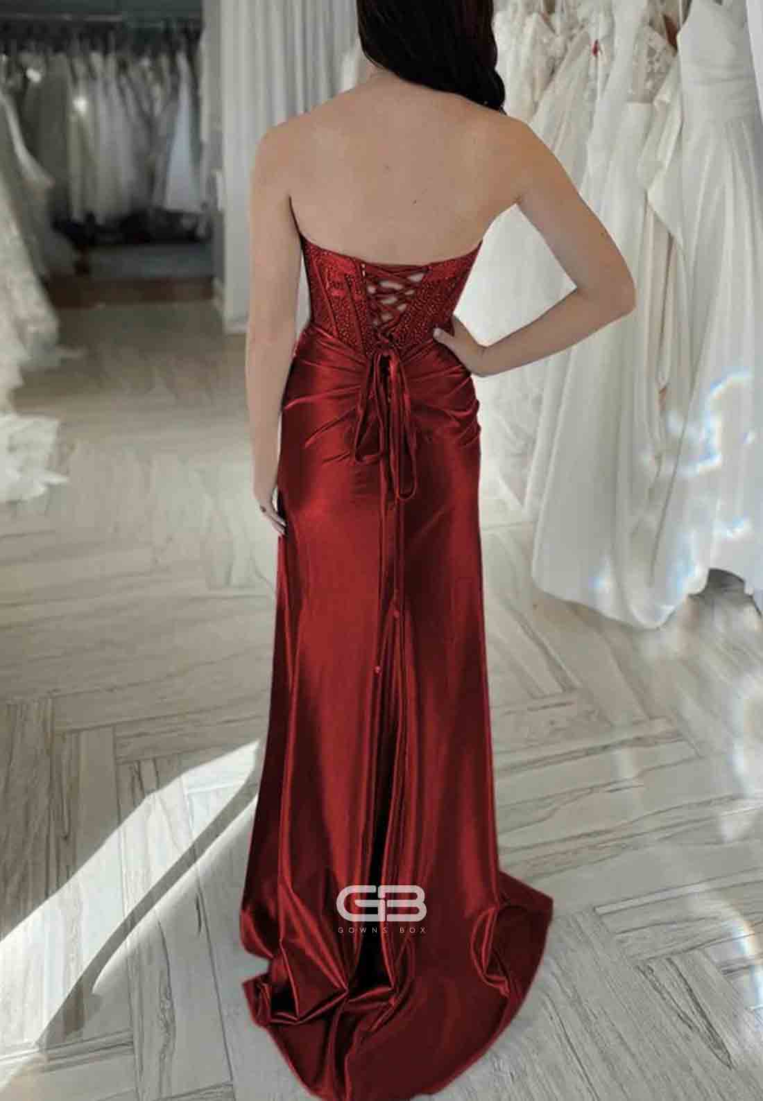 Strapless Satin Beaded Sweetheart Mermaid Long Prom Dresses with High Slit