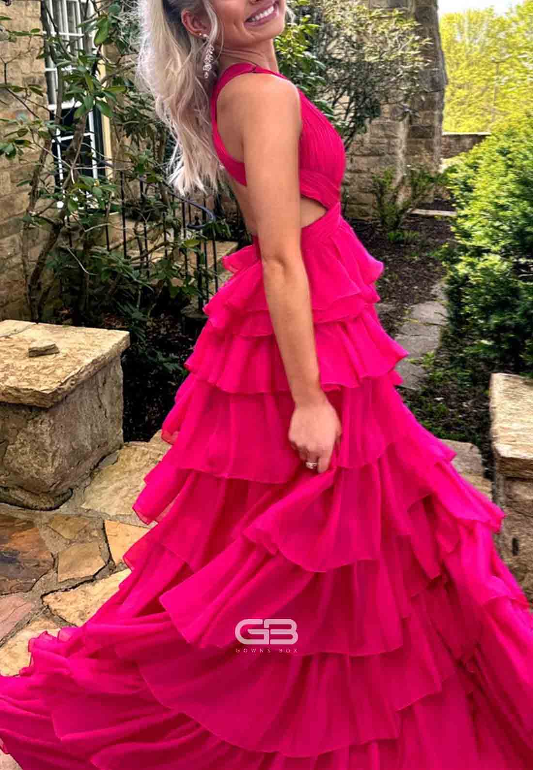 Fuchsia Criss-cross Back V-Neck Tiered Long Prom Dress