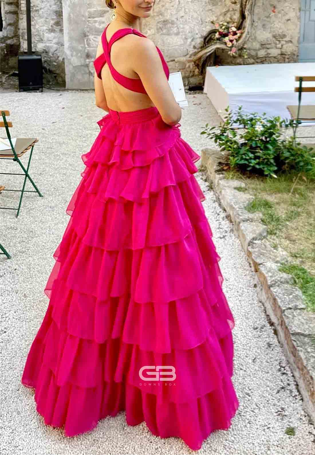 Fuchsia Criss-cross Back V-Neck Tiered Long Prom Dress