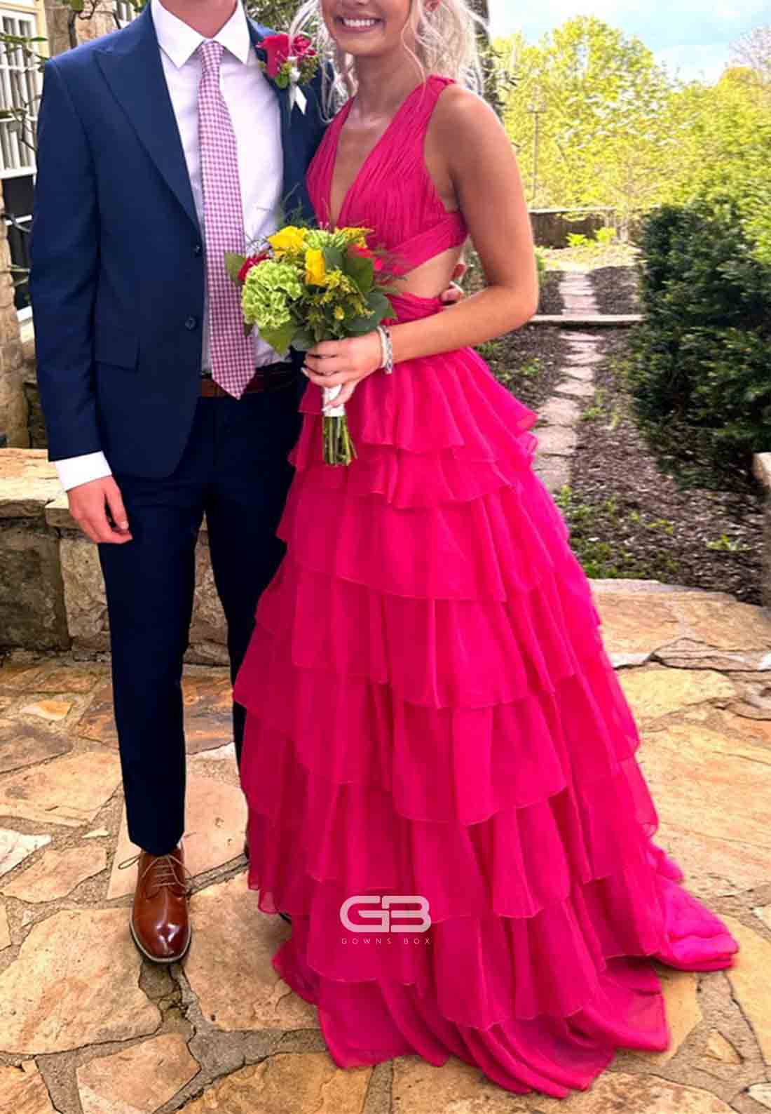 Fuchsia Criss-cross Back V-Neck Tiered Long Prom Dress