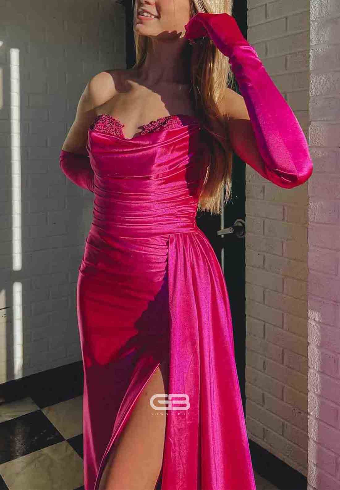 Fuchsia Strapless Mermaid Sweetheart Satin Pleated Long Prom Dresses