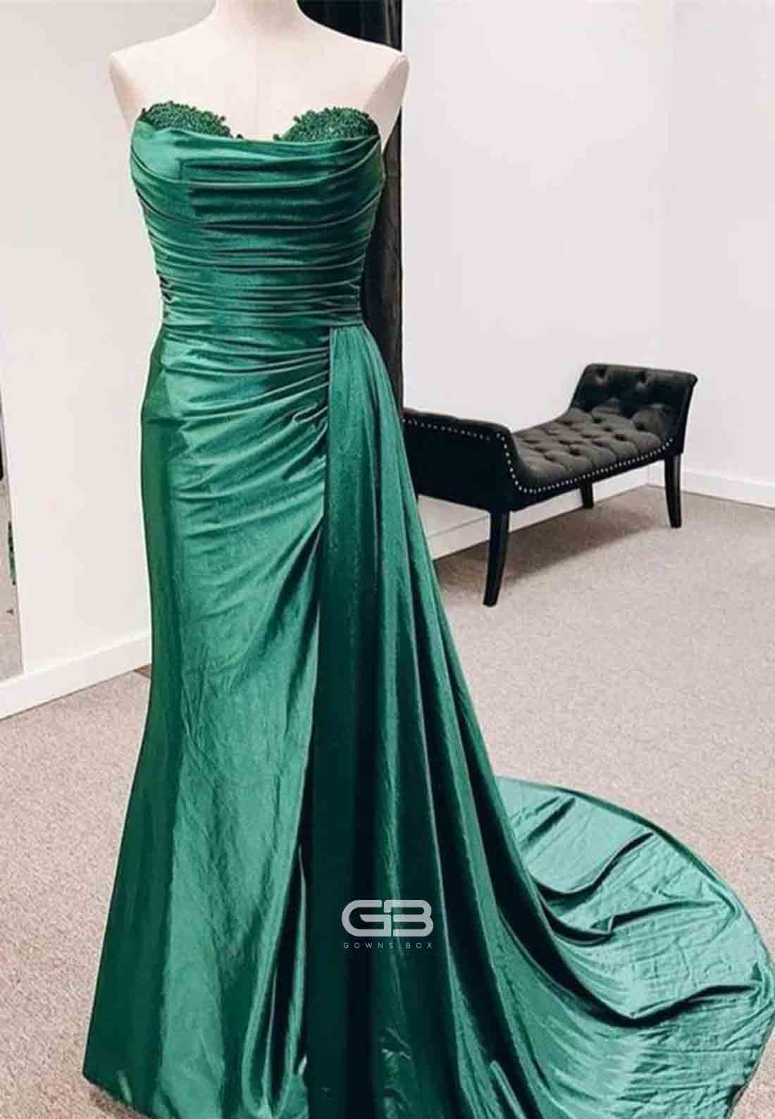 Fuchsia Strapless Mermaid Sweetheart Satin Pleated Long Prom Dresses