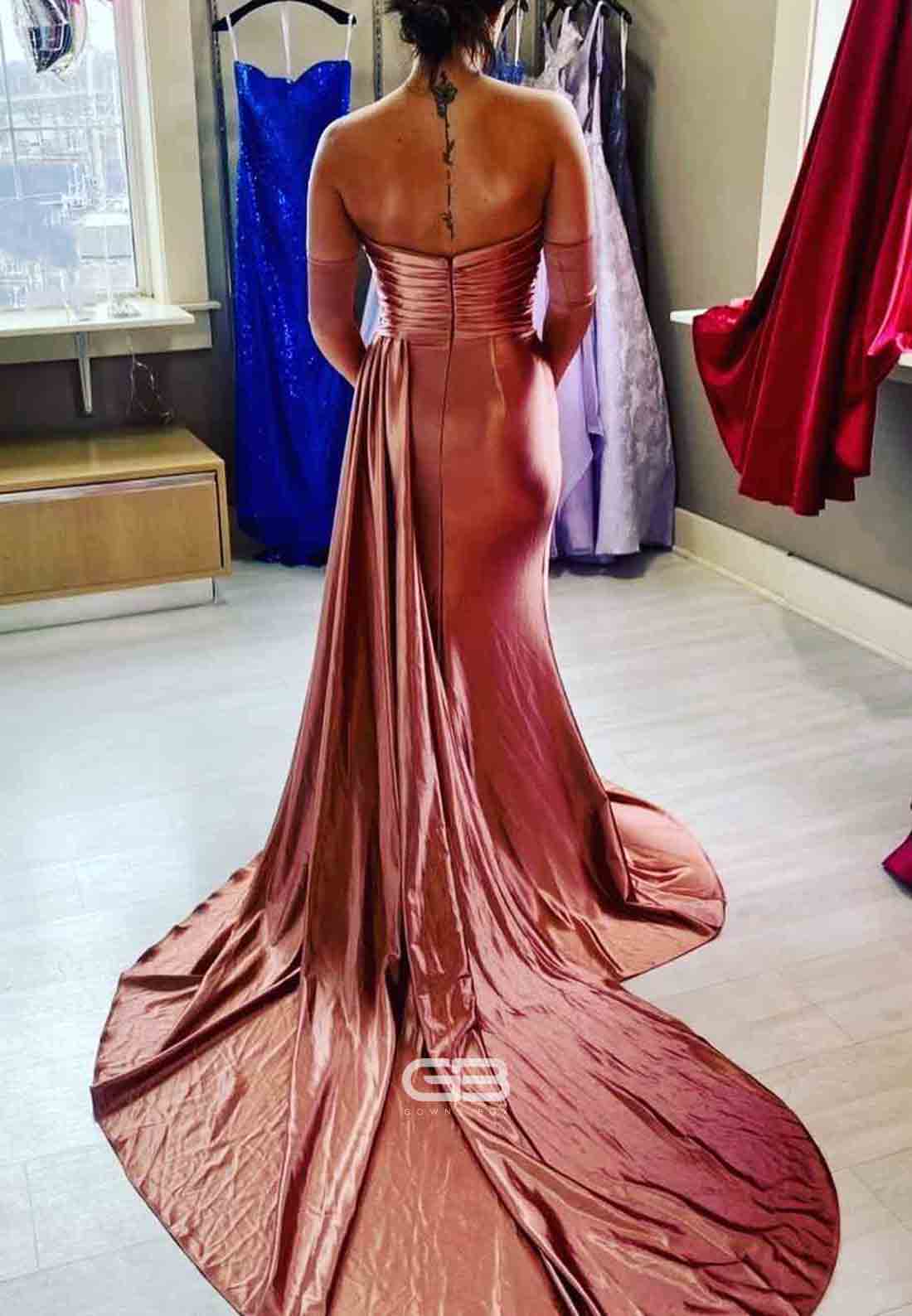 Fuchsia Strapless Mermaid Sweetheart Satin Pleated Long Prom Dresses