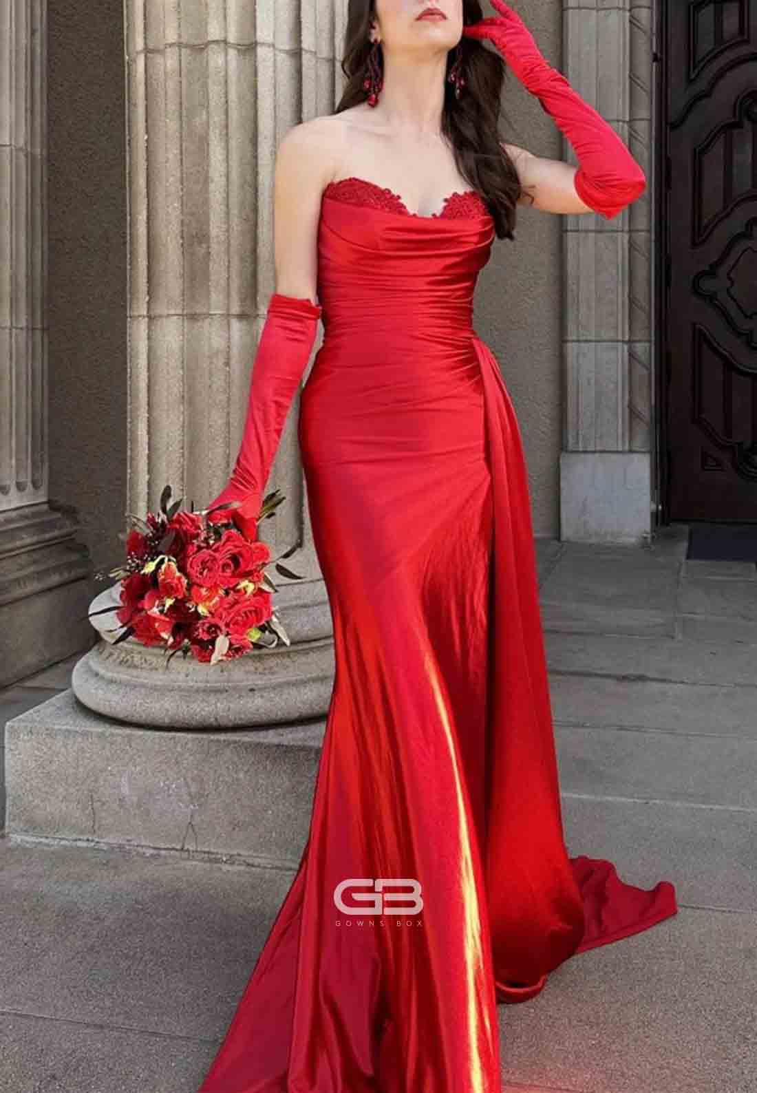 Fuchsia Strapless Mermaid Sweetheart Satin Pleated Long Prom Dresses