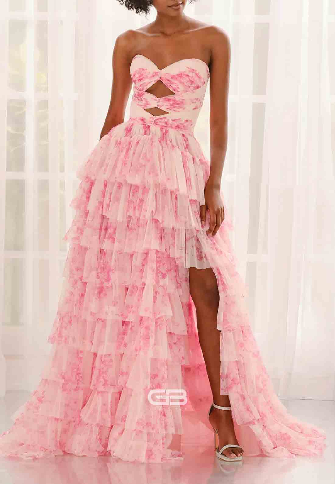 Floral Print Sweetheart A-Line Side Slit Strapless Prom Dresses with Ruffles