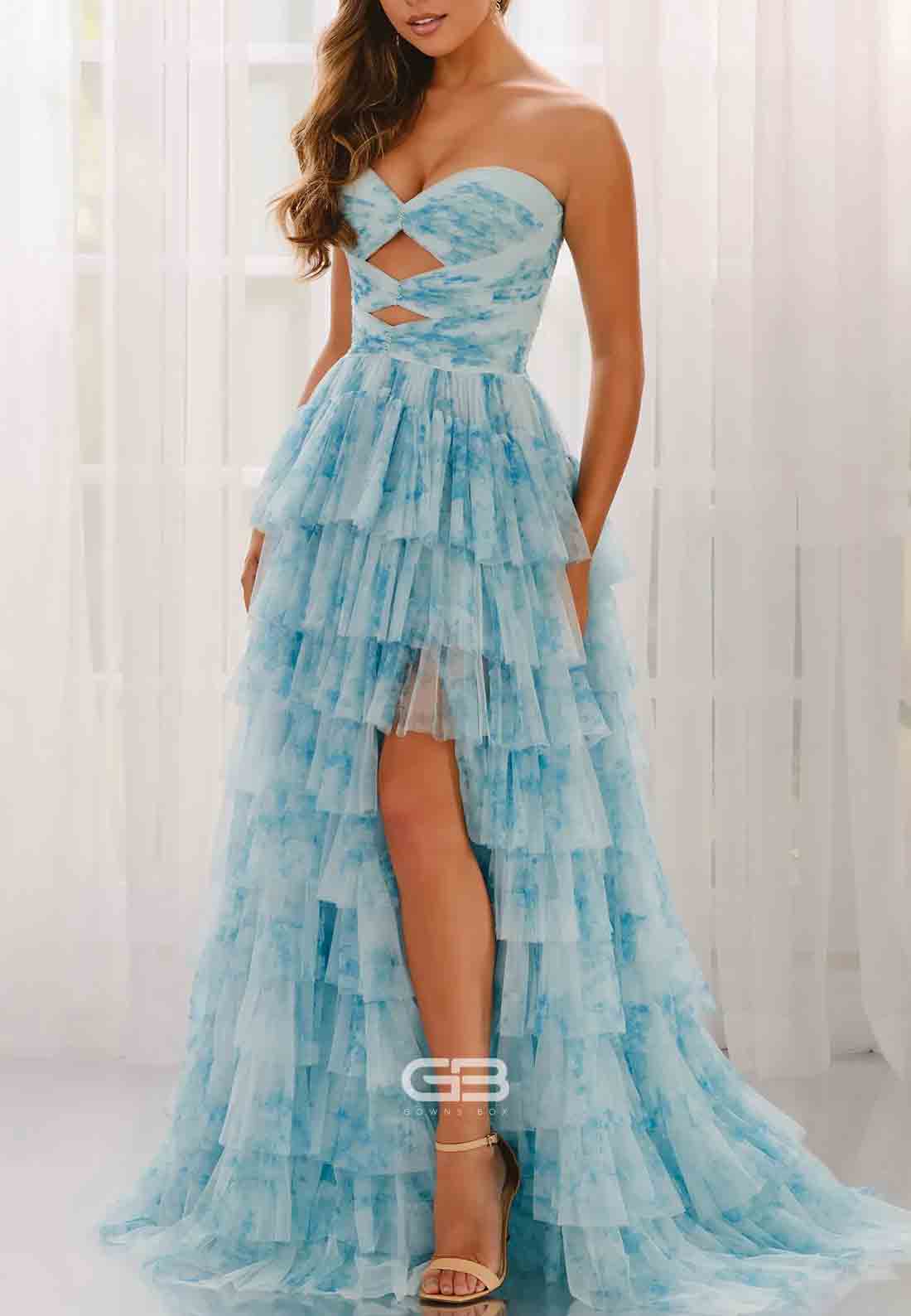 Floral Print Sweetheart A-Line Side Slit Strapless Prom Dresses with Ruffles