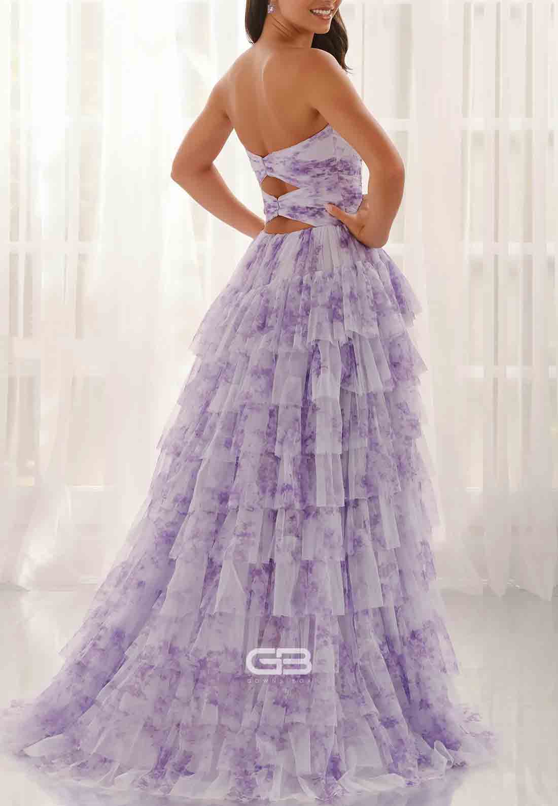 Floral Print Sweetheart A-Line Side Slit Strapless Prom Dresses with Ruffles