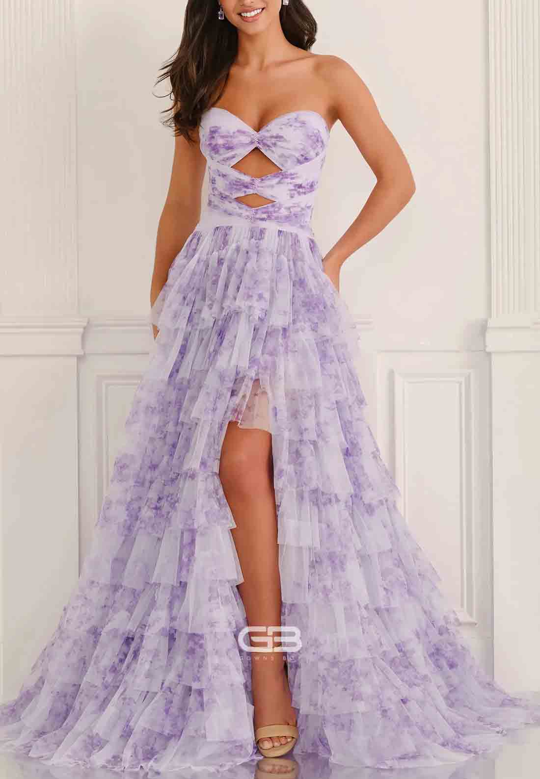 Floral Print Sweetheart A-Line Side Slit Strapless Prom Dresses with Ruffles