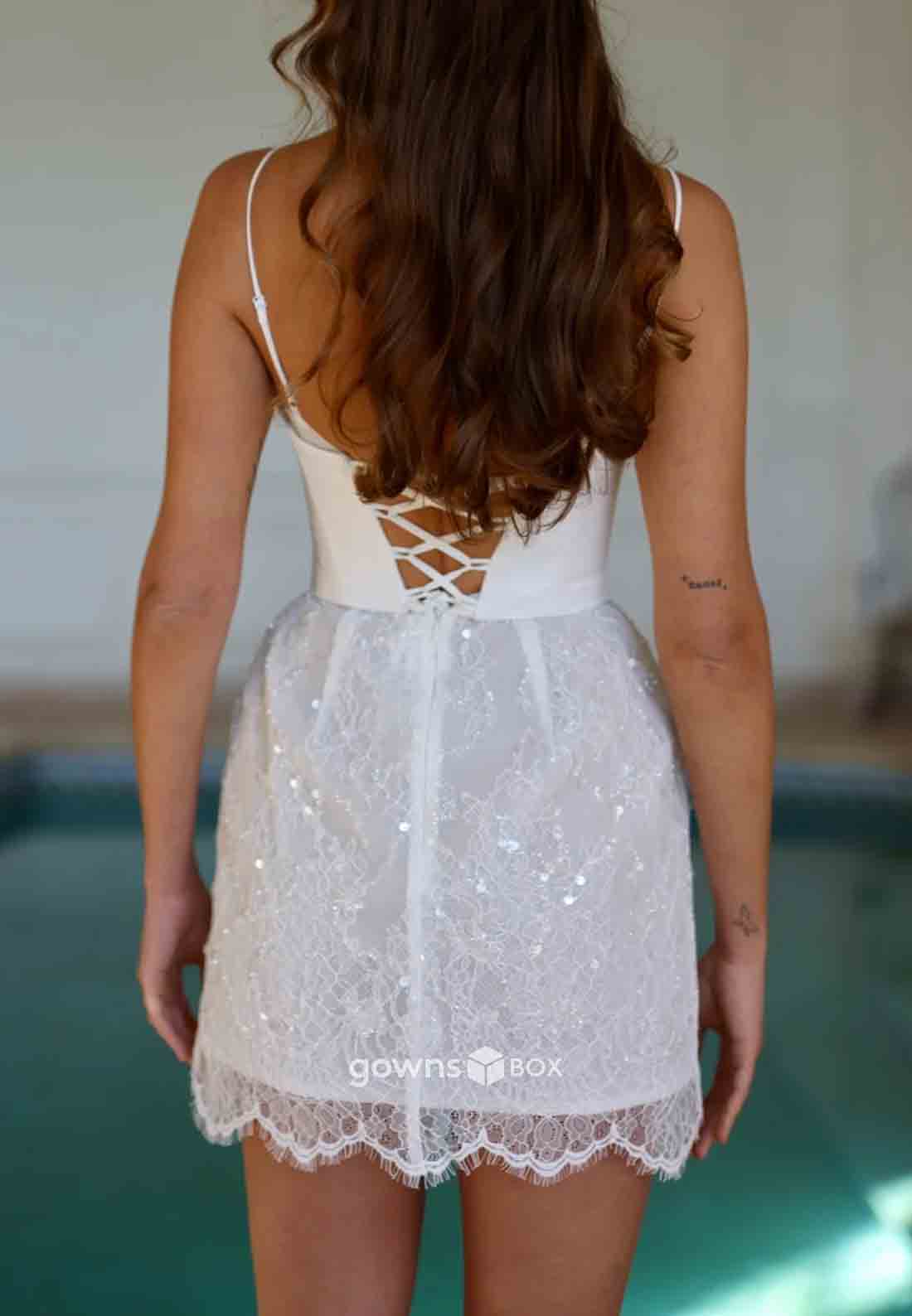 Spaghetti Straps Column Mini Lace Crisscross Back Wedding Dresses-GownsBox