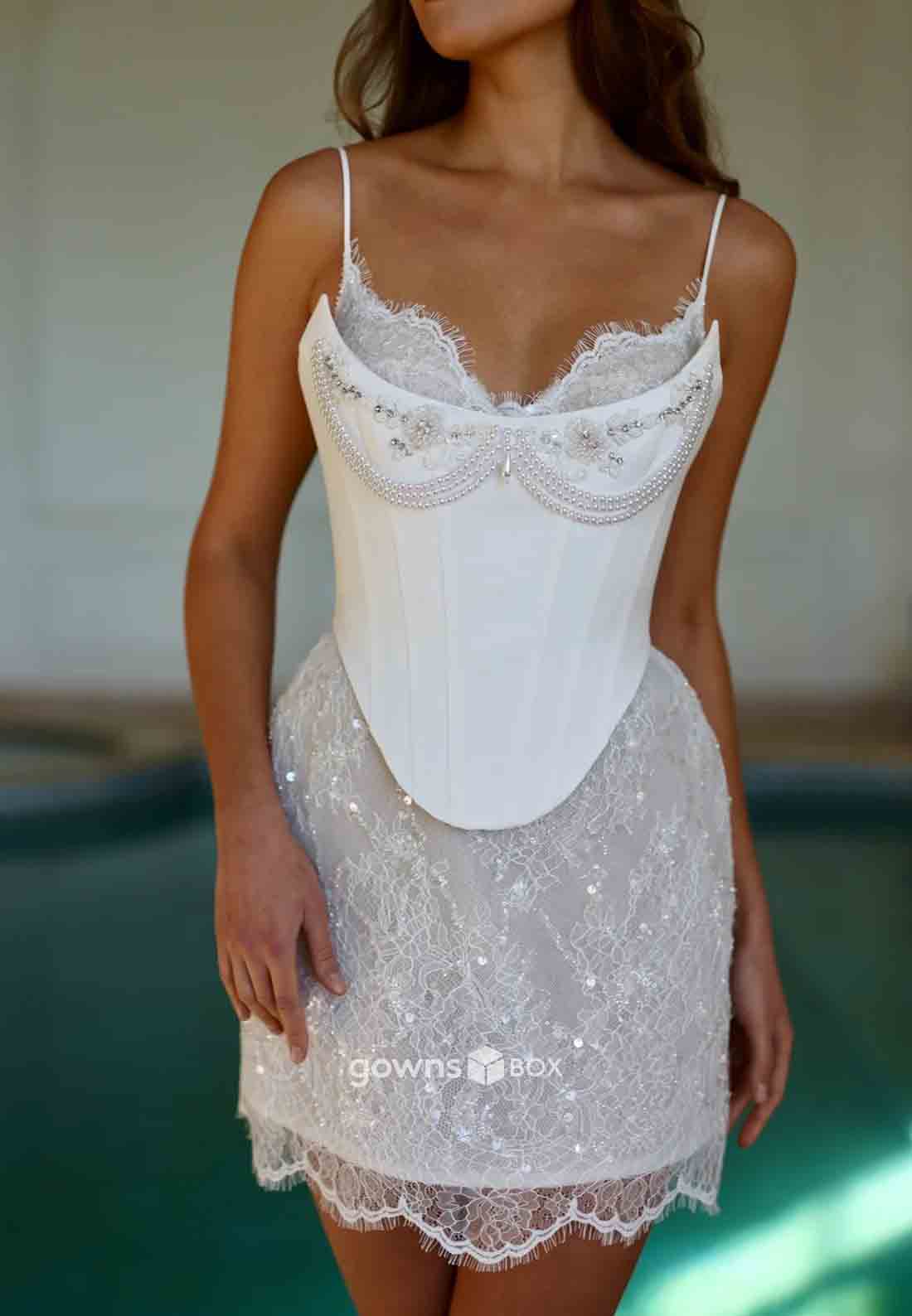 Spaghetti Straps Column Mini Lace Crisscross Back Wedding Dresses-GownsBox