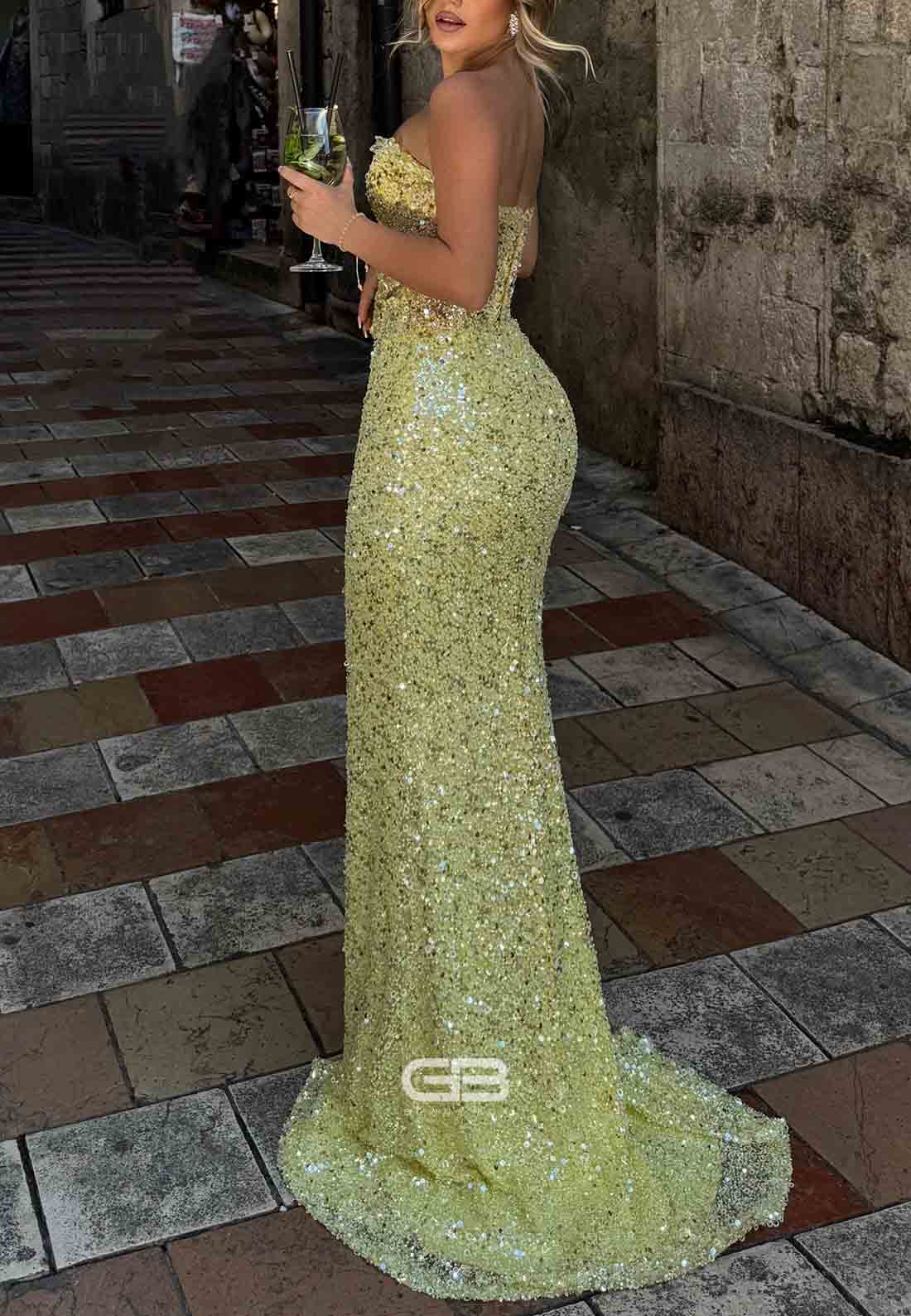 Yellow Sparkly Column Sequined High Slit Strapless Strapless Prom Dresses