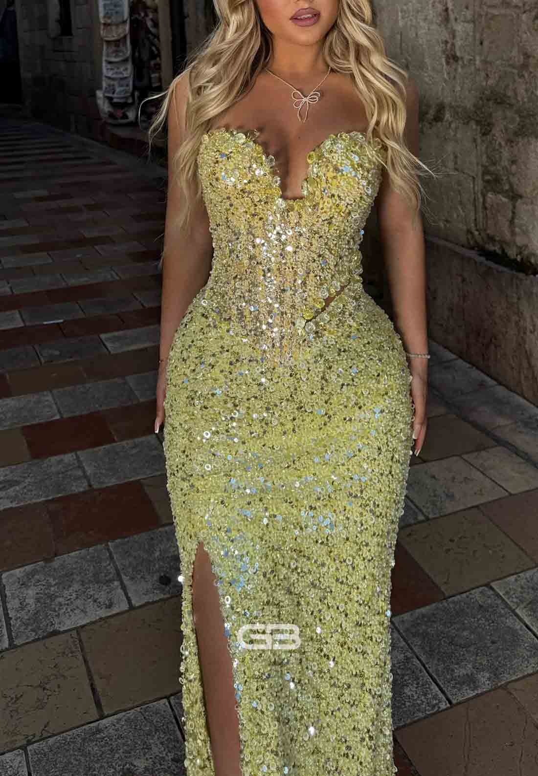 Yellow Sparkly Column Sequined High Slit Strapless Strapless Prom Dresses