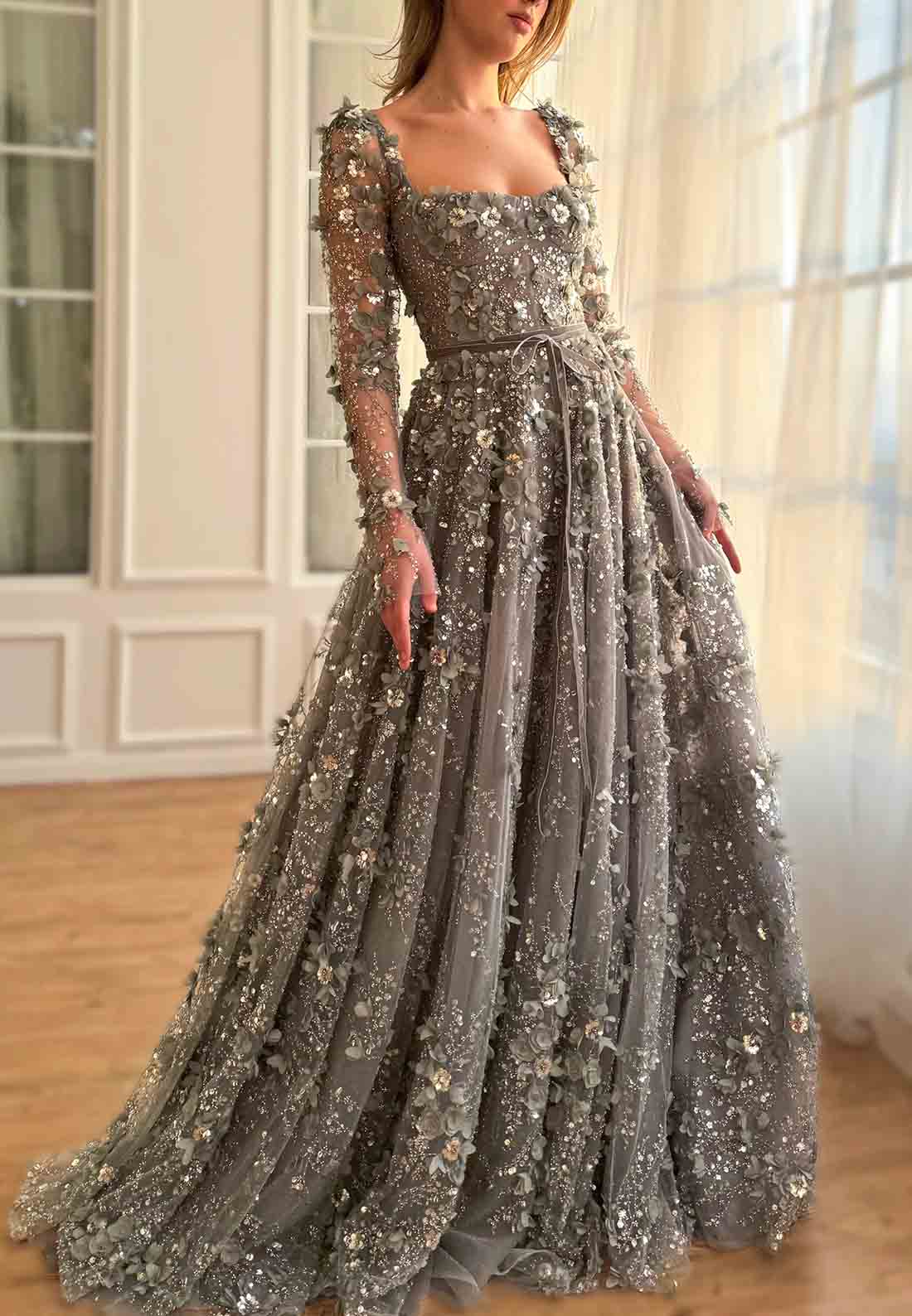Steel Grey A-Line Square Neck Evening Gowns with Long Sleeves and Embroidery