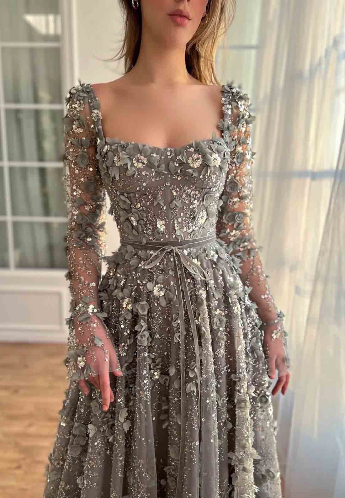 Steel Grey A-Line Square Neck Evening Gowns with Long Sleeves and Embroidery