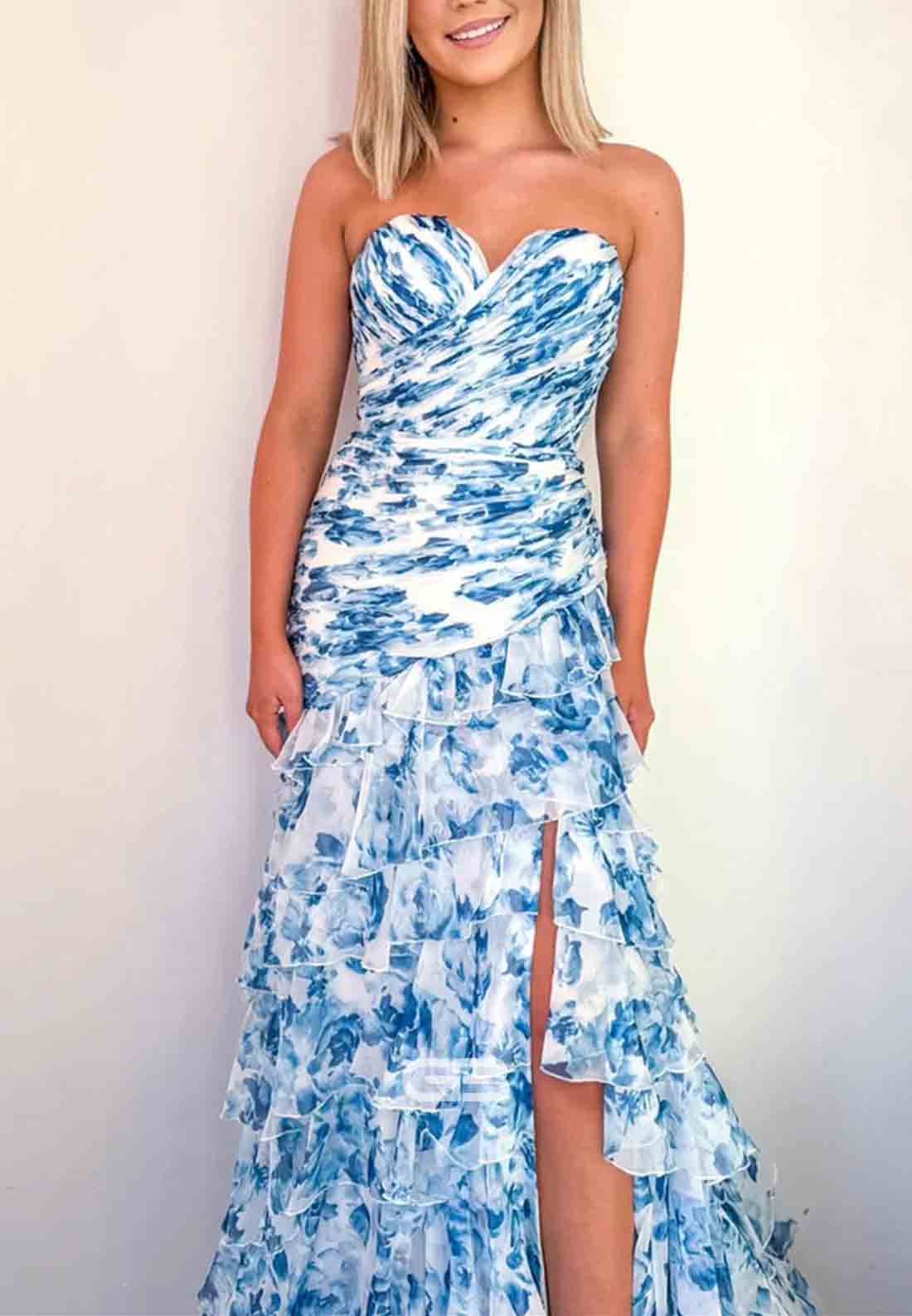 Gorgeous A-Line Strapless Prom Dresses Sweetheart Long Party Dress with Ruffles 