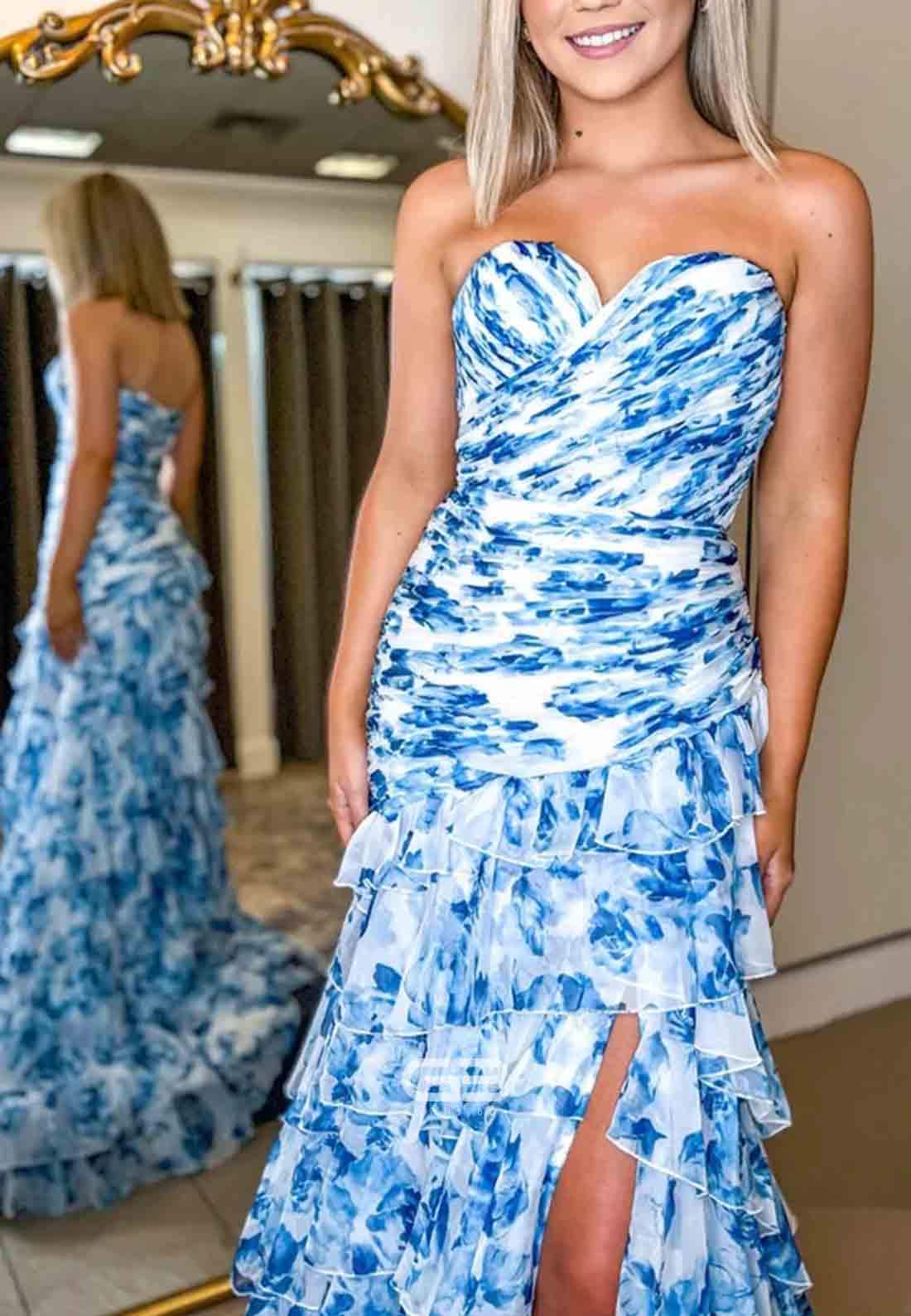 Gorgeous A-Line Strapless Prom Dresses Sweetheart Long Party Dress with Ruffles 
