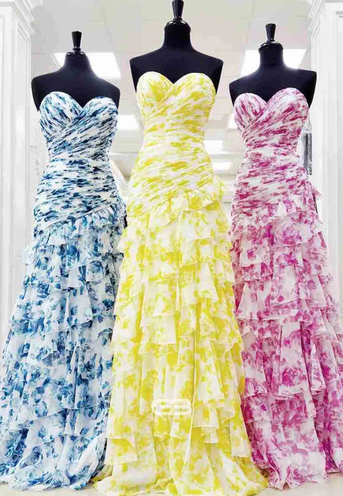 Gorgeous A-Line Strapless Prom Dresses Sweetheart Long Party Dress with Ruffles 