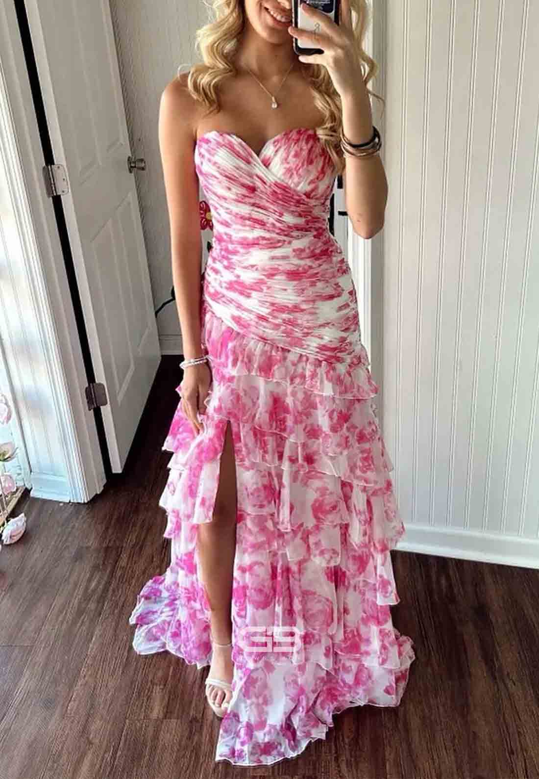 Gorgeous A-Line Strapless Prom Dresses Sweetheart Long Party Dress with Ruffles 
