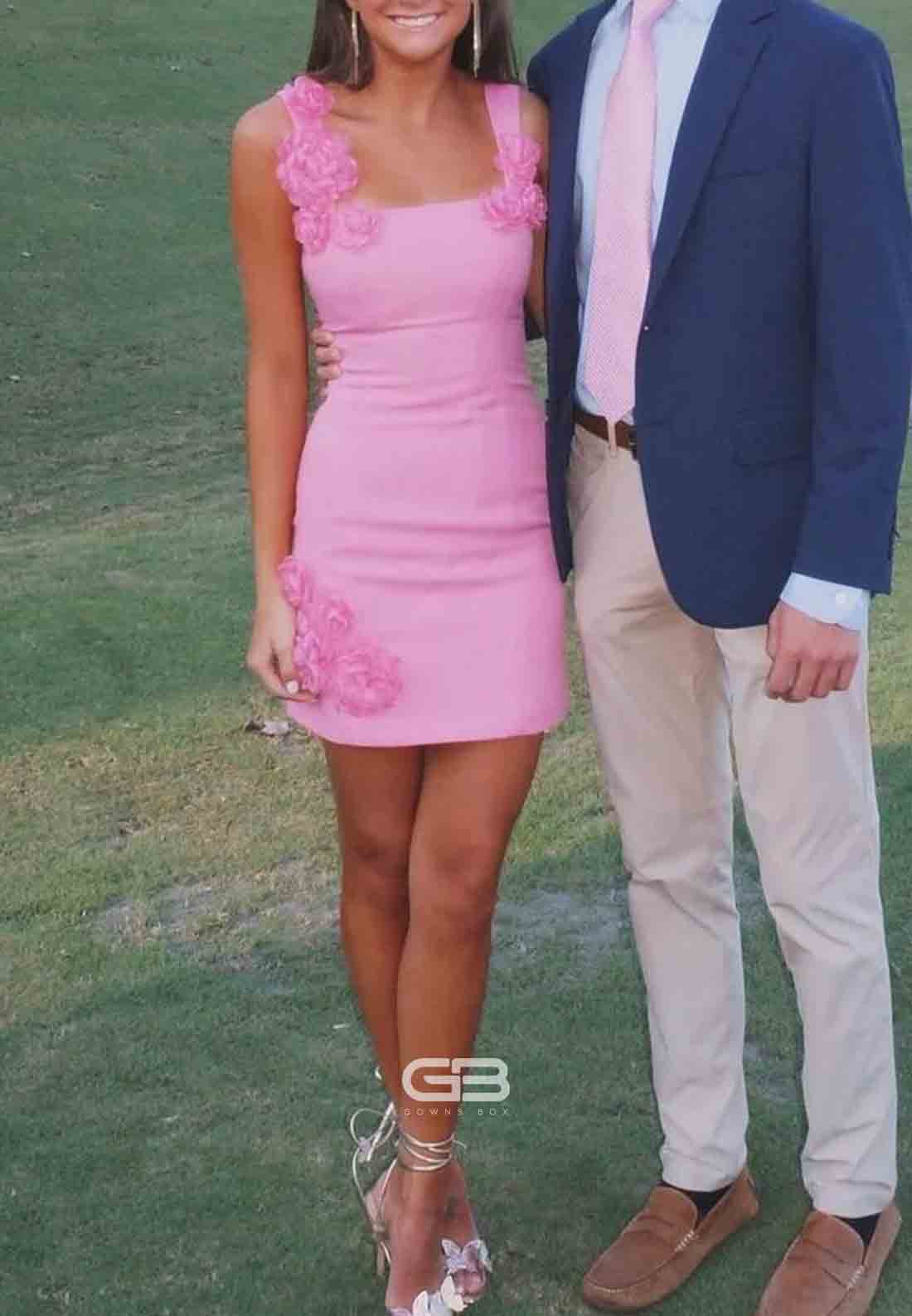 Gorgeous Sheath Square Neck Pink Short Homecoming Dress with 3D Flowers